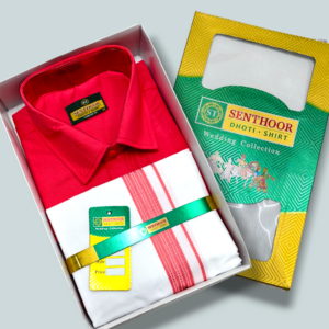 Senthoor Bright Red Dhoti & Shirt Wedding Collection Combo Set