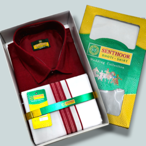 Senthoor Maroon Dhoti & Shirt Wedding Collection Combo Set