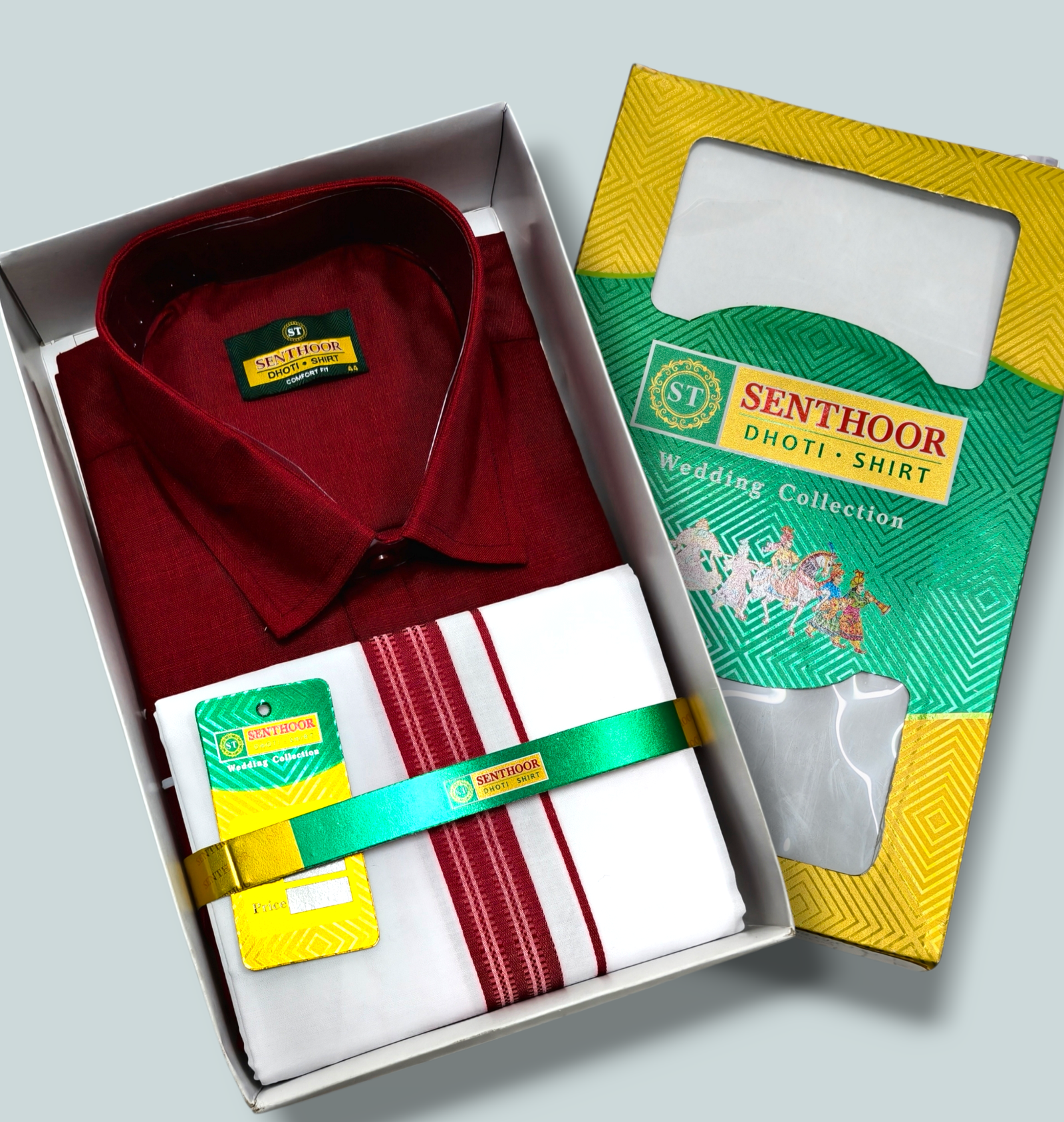 Senthoor Maroon Dhoti & Shirt Wedding Collection Combo Set