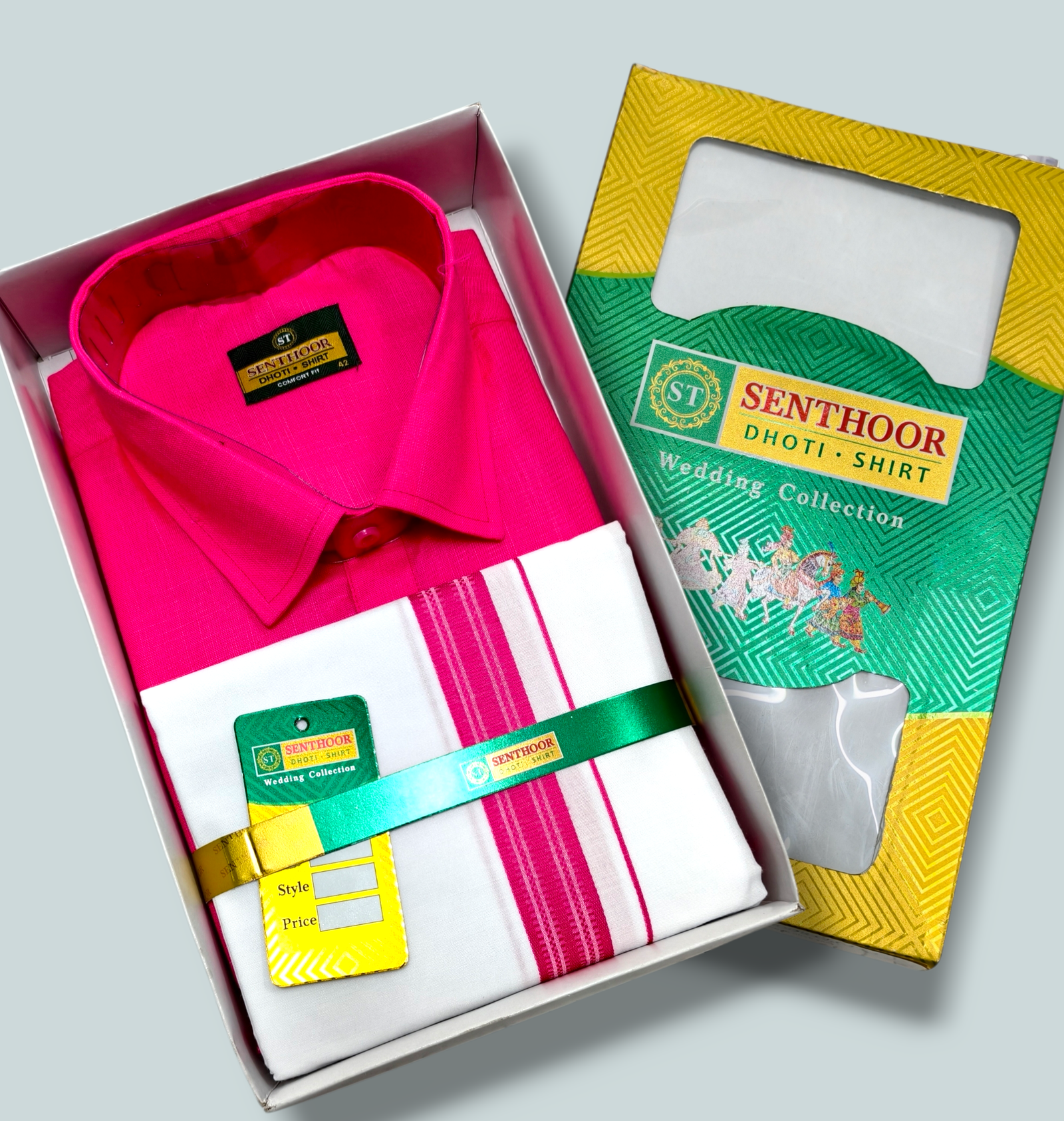 Senthoor Rani Pink Dhoti & Shirt Wedding Collection Combo Set