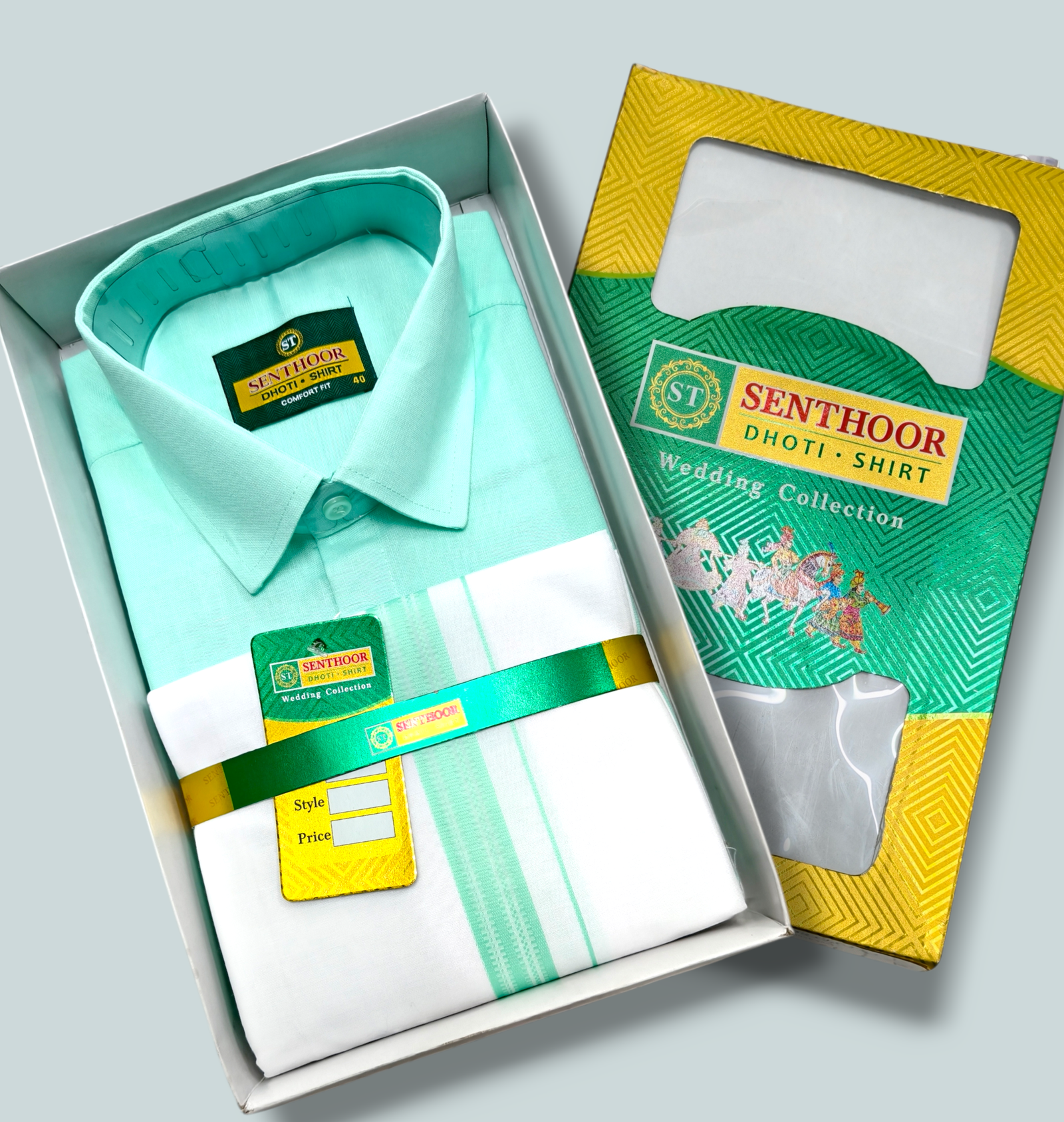 Senthoor Mint Green Dhoti & Shirt Wedding Collection Combo Set