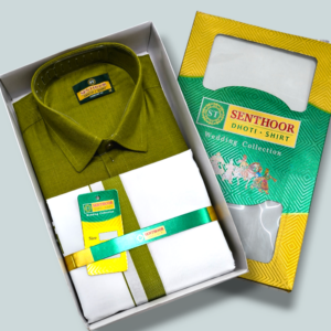 Senthoor Olive Green Dhoti & Shirt Wedding Collection Combo Set