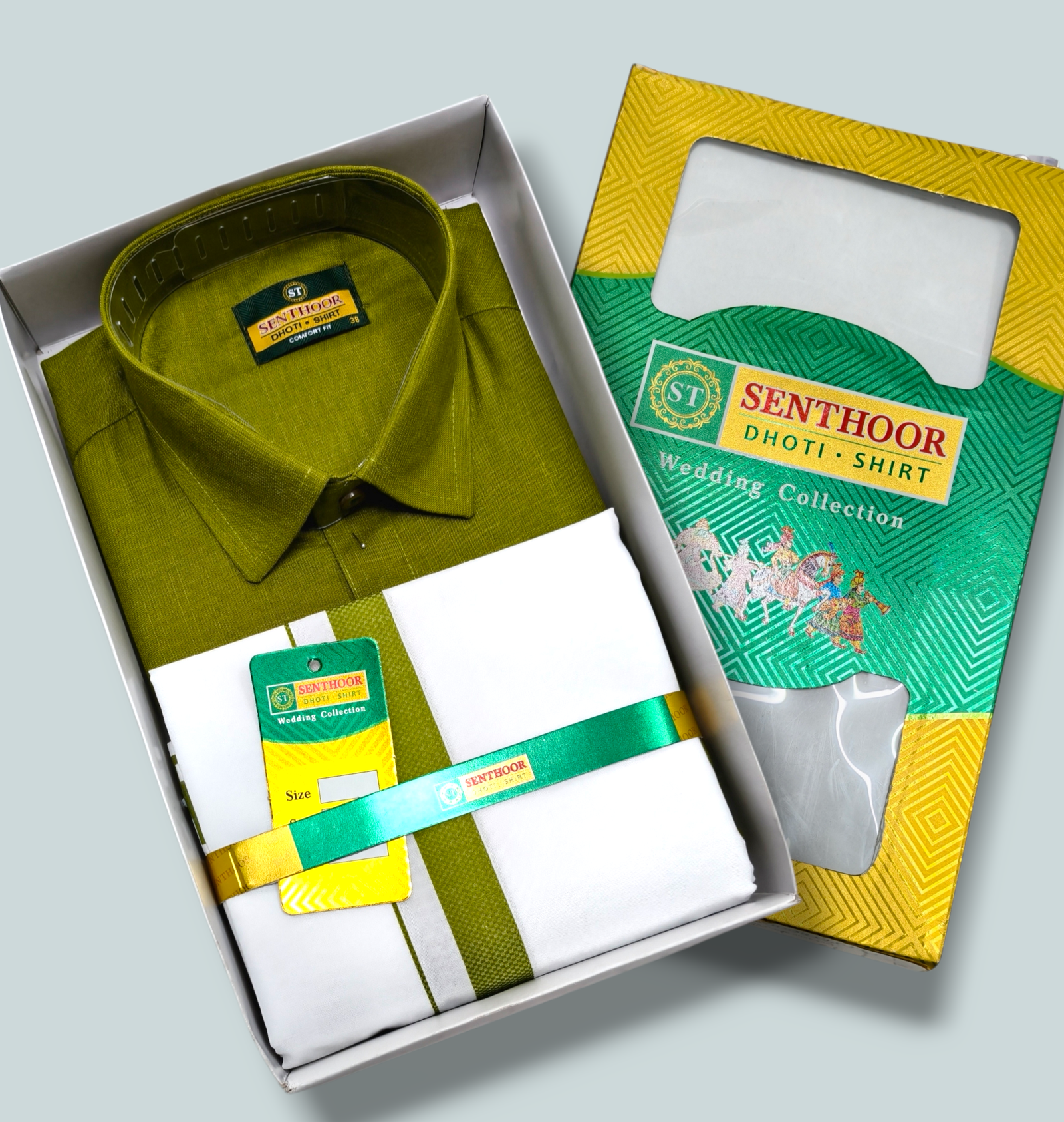 Senthoor Olive Green Dhoti & Shirt Wedding Collection Combo Set
