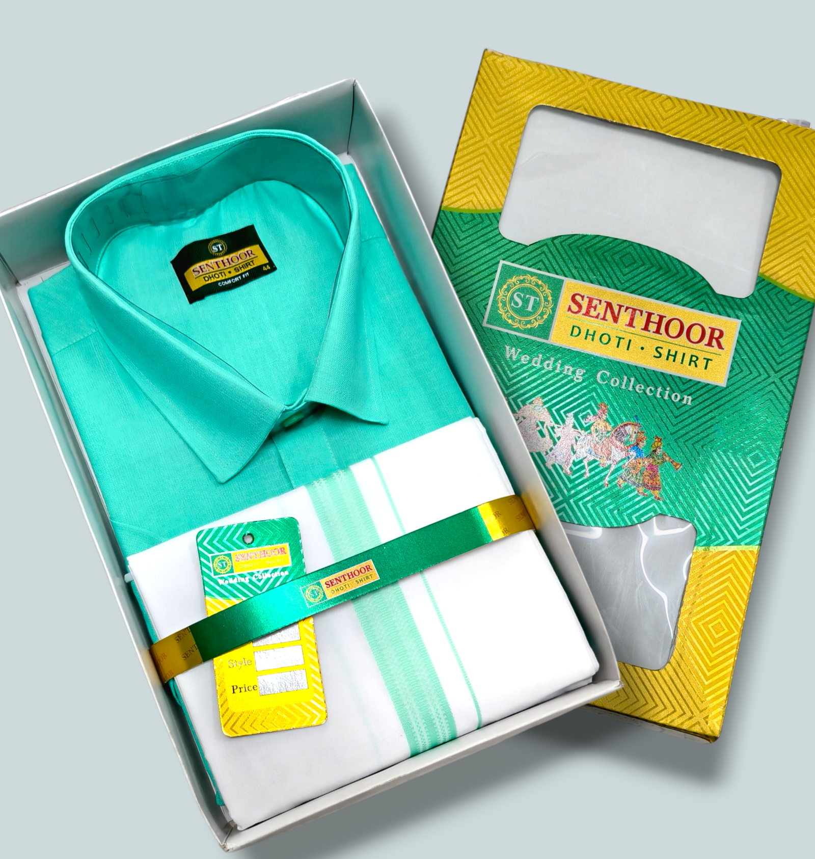 Senthoor Aqua Green Dhoti & Shirt Wedding Collection Combo Set