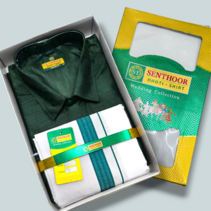 Senthoor Dark Bottle Green Dhoti & Shirt Wedding Collection Combo Set