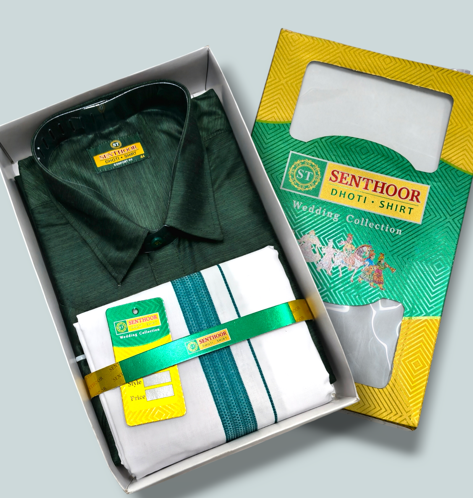 Senthoor Dark Bottle Green Dhoti & Shirt Wedding Collection Combo Set