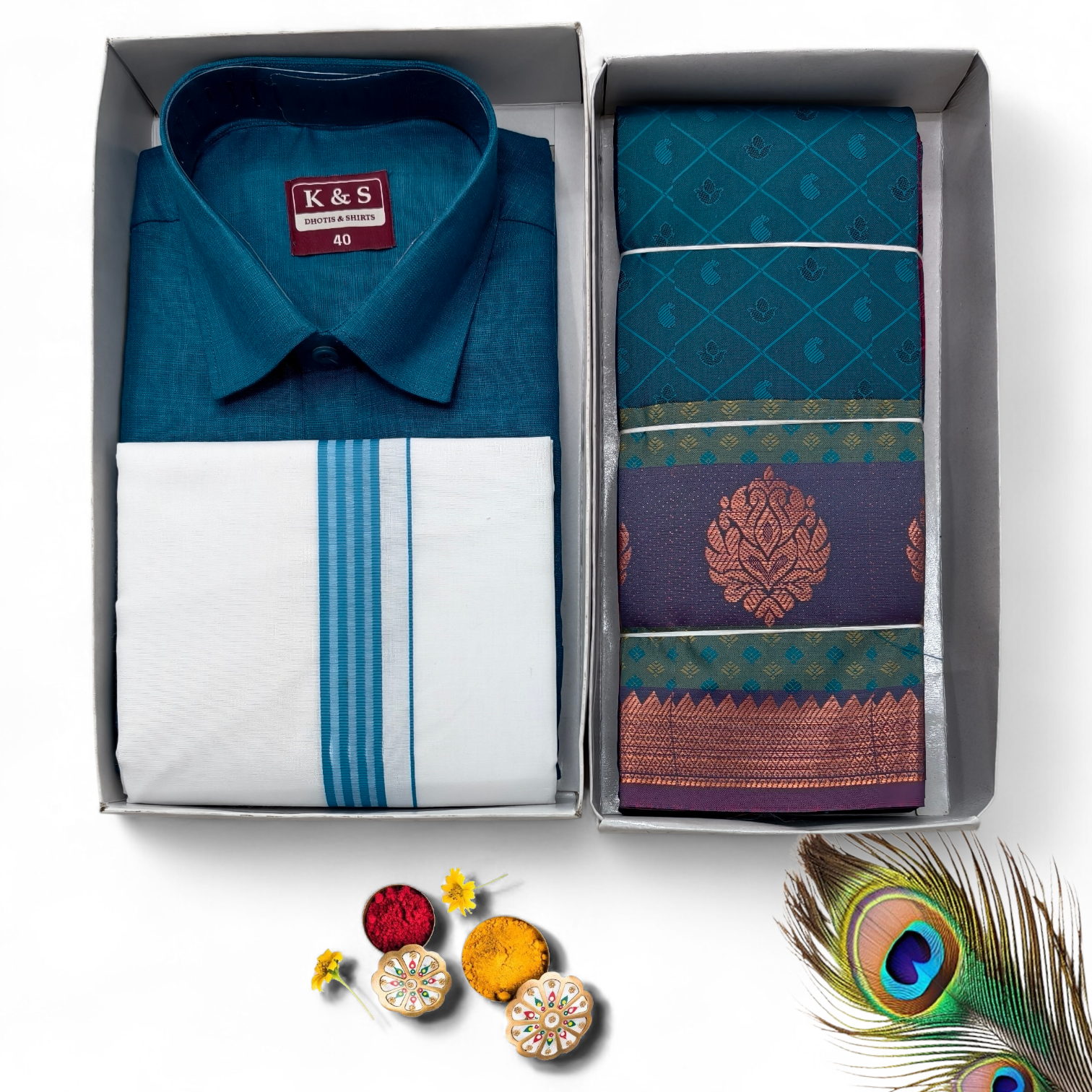 Peacock Blue Dhoti Set And Poonthamil Saree Combo