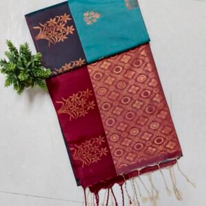 Senthoor Soft Silk Saree – Teal & Wine with Elegant Gold Zari Weaving