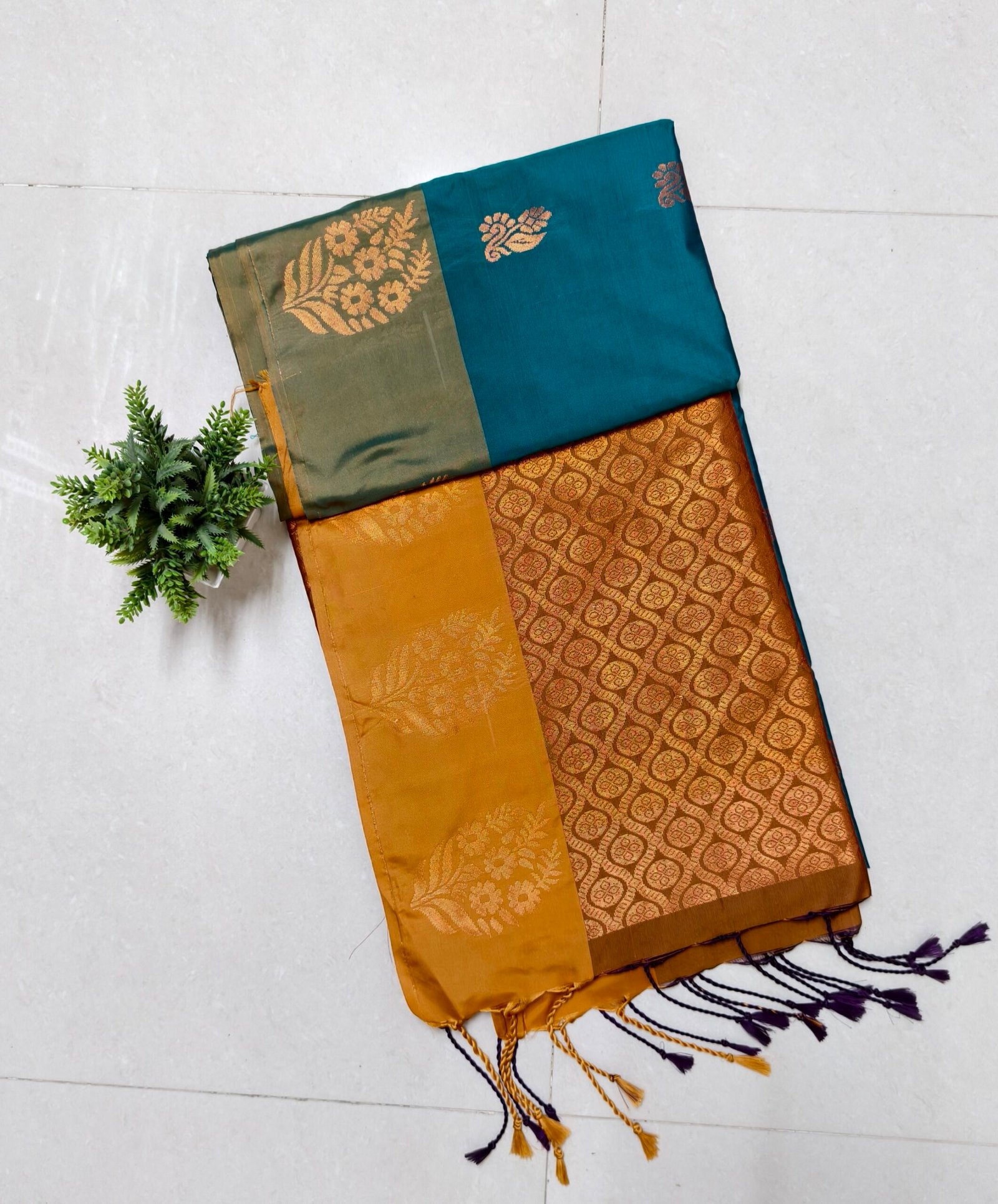 Senthoor Soft Silk Saree – Teal Blue & Mustard with Rich Gold Zari Weaving