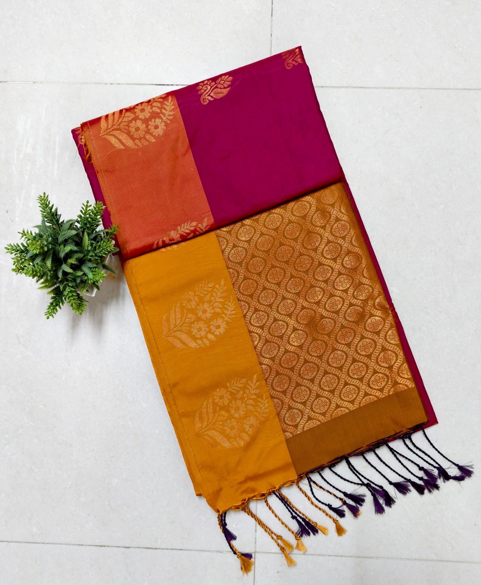 Senthoor Soft Silk Saree – Rani Pink & Mustard with Rich Gold Zari Weaving