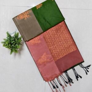 Senthoor Soft Silk Saree – Leaf Green & Peach with Elegant Copper Zari Design