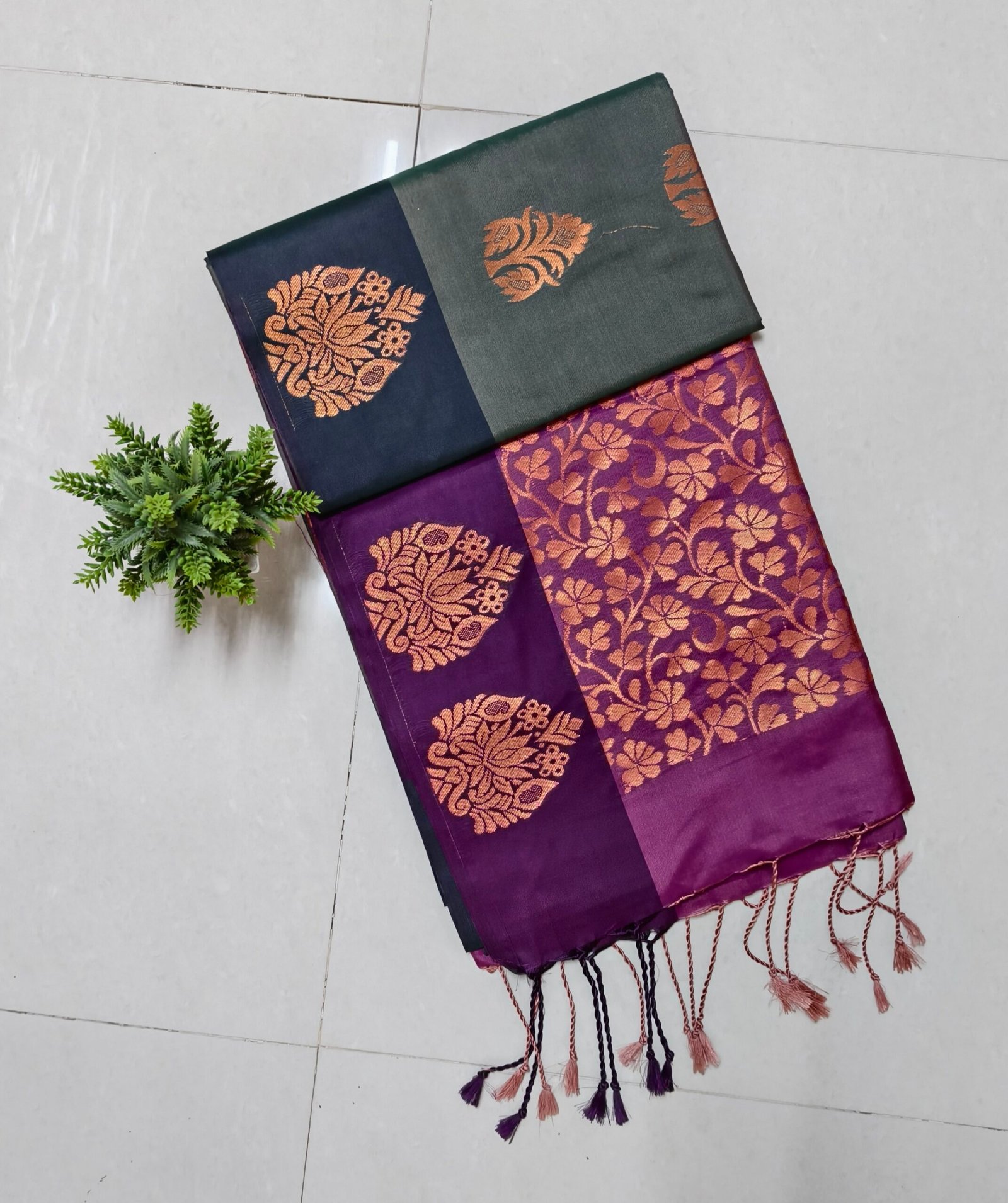 Senthoor Soft Silk Saree – Dark Green & Purple with Rich Copper Zari Floral Design