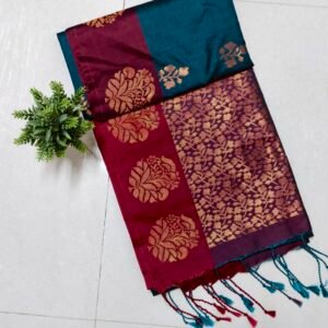 Senthoor Softsilk Teal & Maroon Kanjivaram Silk Saree with Gold Zari Floral Weaving and Tassel Border