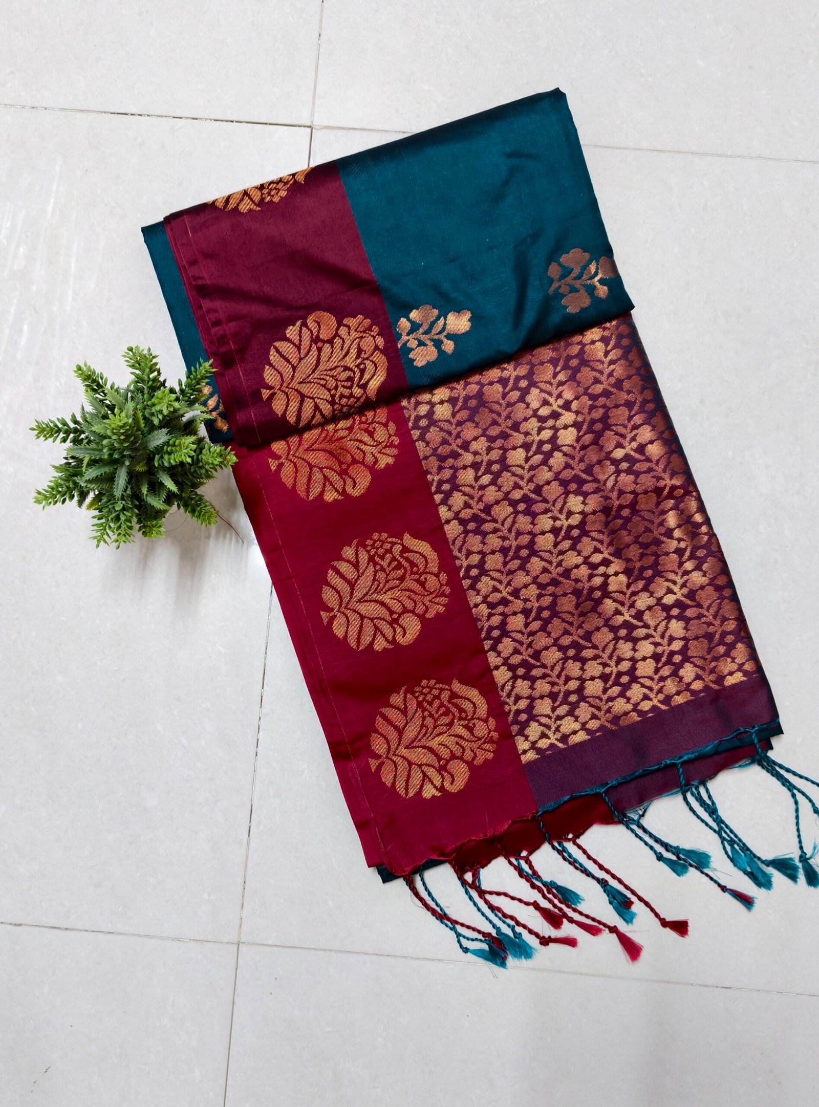 Senthoor Softsilk Teal & Maroon Kanjivaram Silk Saree with Gold Zari Floral Weaving and Tassel Border