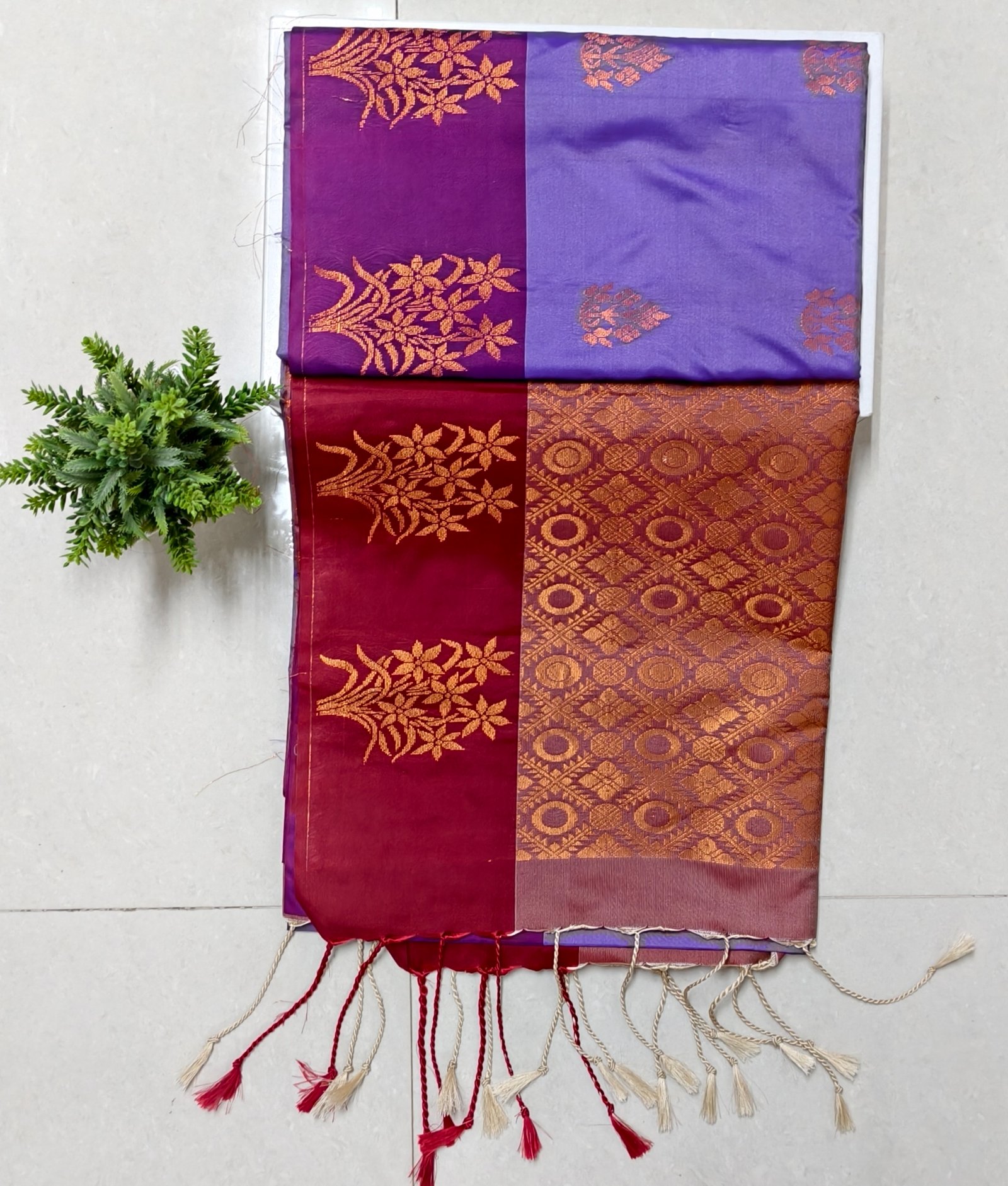 Senthoor Soft Silk Saree – Lavender & Deep Red with Rich Gold Zari Weaving