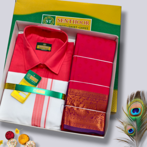 Senthoor Premium Red Dhoti–Shirt–Saree Traditional Wedding Gift Set