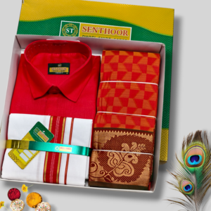 Senthoor Premium Red & Orange Dhoti–Shirt–Saree Traditional Wedding Gift Set