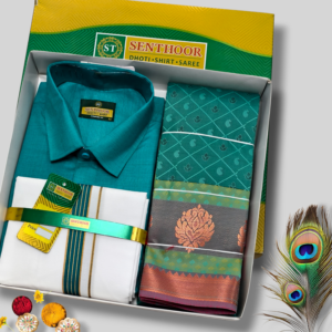 Senthoor Premium Teal Green Dhoti–Shirt–Saree Traditional Wedding Gift Set