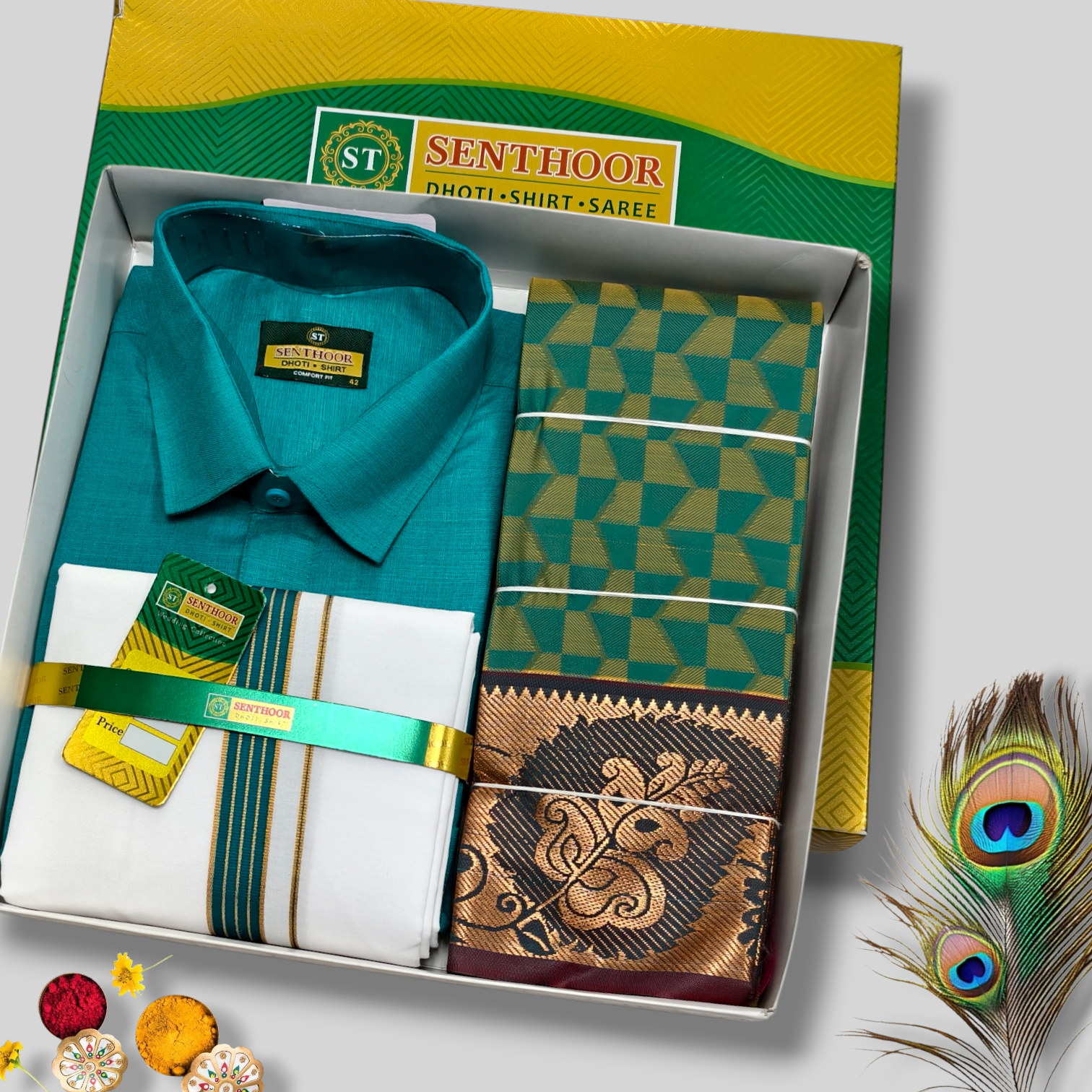 Senthoor Teal Green Traditional Dhoti Shirt & Designer Saree Premium Gift Set