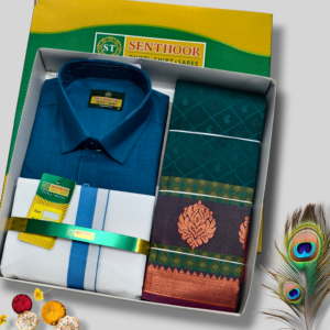 Senthoor Classic Blue Traditional Dhoti Shirt & Green Zari Saree Premium Gift Set