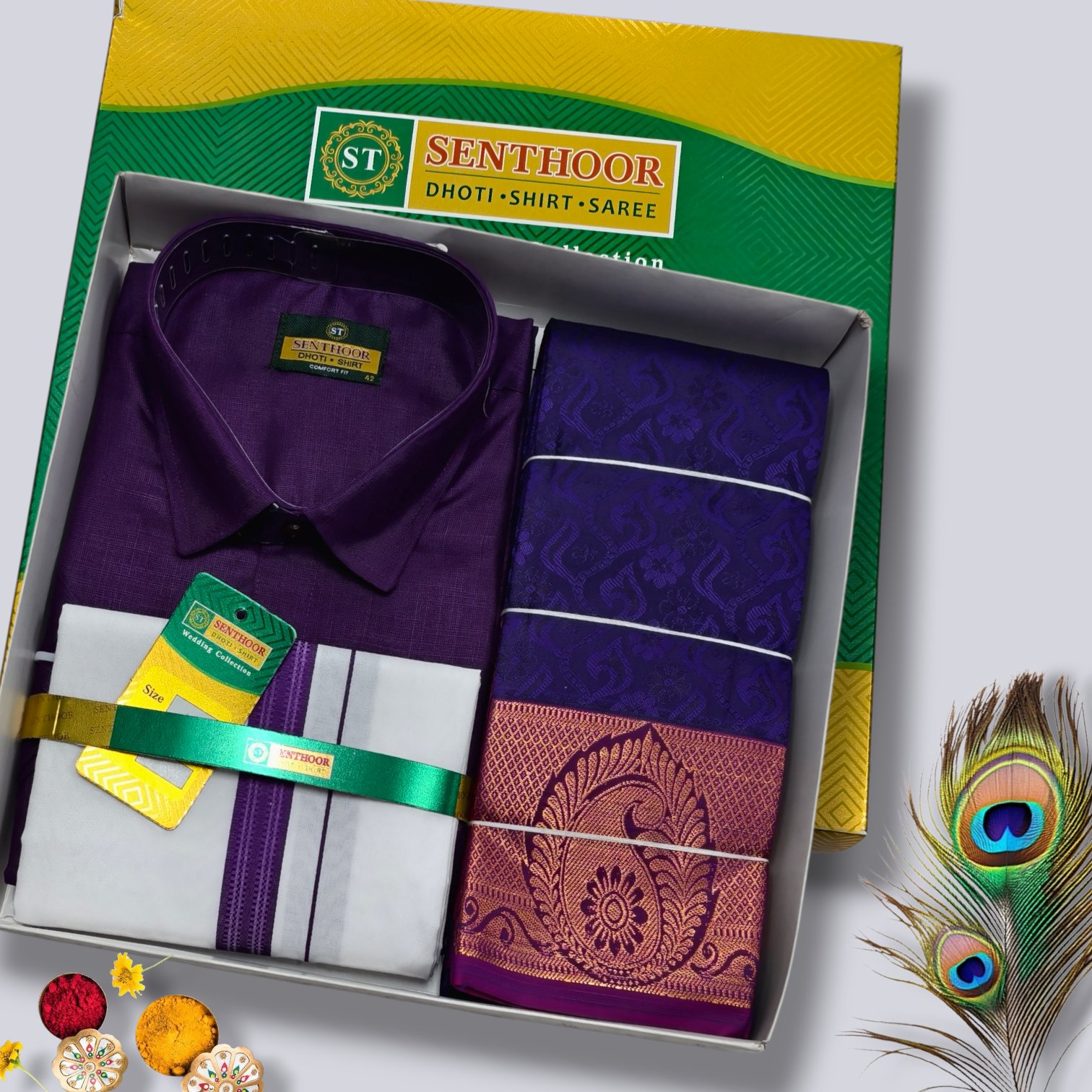 Senthoor Premium Purple Dhoti–Shirt–Saree Wedding Collection Gift Set