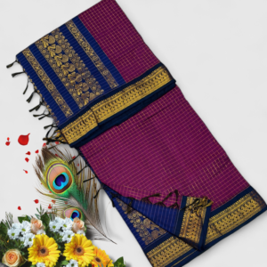Senthoor checked kalyani cotton Royal Blue & Magenta Kanjivaram Silk Saree with Gold Zari Border