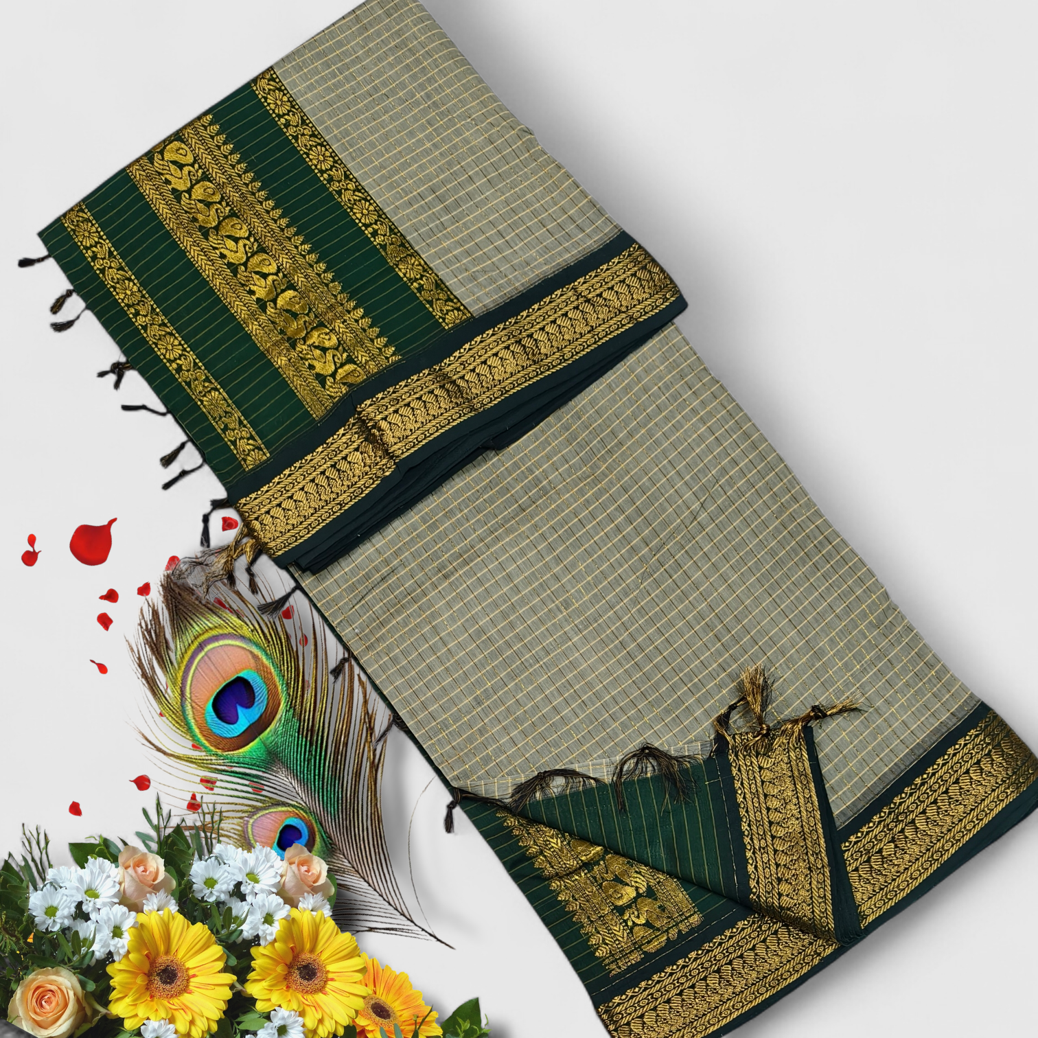 Senthoor checked kalyani cotton Forest Green & Beige Kanjivaram Silk Saree with Gold Zari Border