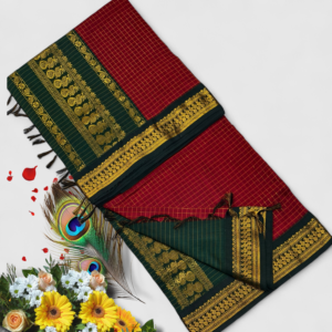 Senthoor checked kalyani cotton Crimson Red & Dark Green Kanjivaram Silk Saree with Rich Gold Zari Border