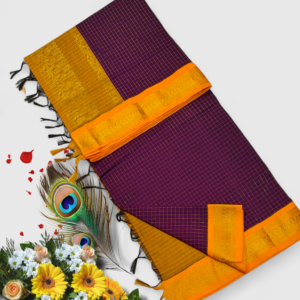 Senthoor checked kalyani cotton Royal Purple & Mustard Yellow Kanjivaram Silk Saree with Rich Zari Border