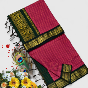 Senthoor checked kalyani cotton Rani Pink & Bottle Green Kanjivaram Silk Saree with Rich Gold Zari Border