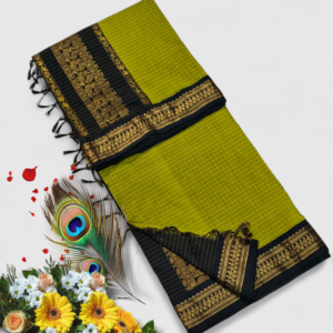 Senthoor checked kalyani cotton Lime Green Silk Saree with Black Border & Rich Gold Zari Weaving