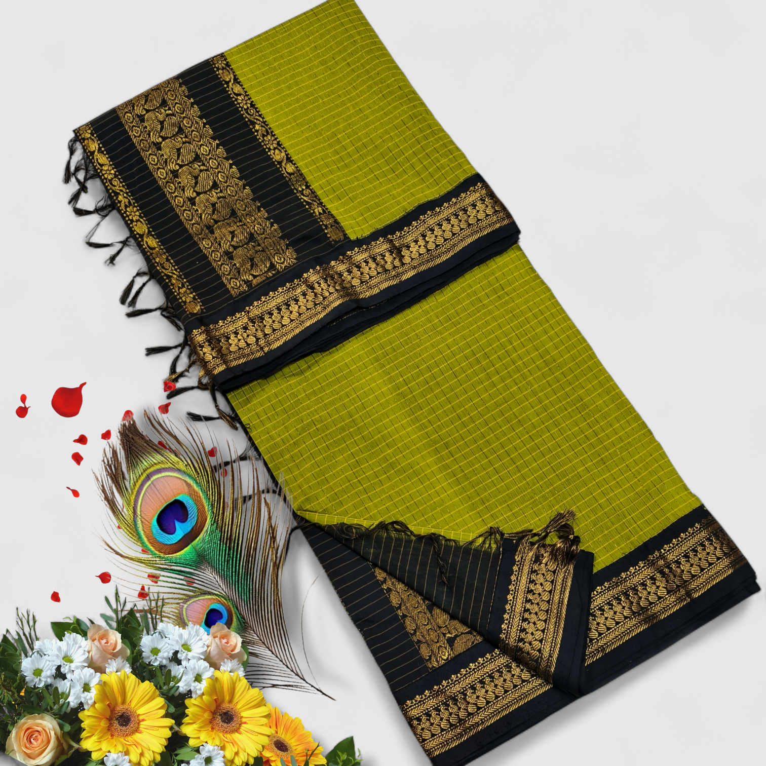 Senthoor checked kalyani cotton Lime Green Silk Saree with Black Border & Rich Gold Zari Weaving