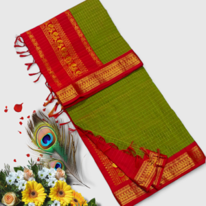 Senthoor checked kalyani cotton Parrot Green Silk Saree with Red Border & Rich Gold Zari Weaving