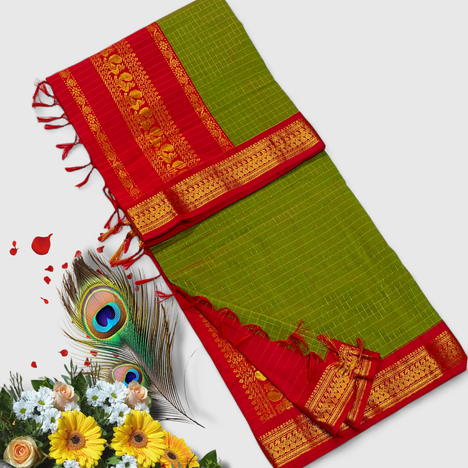 Senthoor checked kalyani cotton Parrot Green Silk Saree with Red Border & Rich Gold Zari Weaving