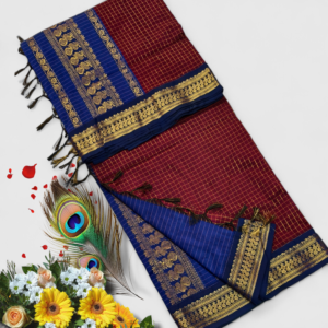 Senthoor checked kalyani cotton Royal Maroon & Navy Blue Checked Silk Saree with Rich Gold Zari Border and Designer Pallu