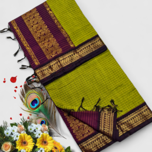 Senthoor checked kalyani cotton Lime Green & Deep Maroon Checked Silk Saree with Rich Gold Zari Border and Designer Pallu