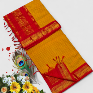Senthoor checked kalyani cotton Mustard Yellow & Bright Red Silk Saree with Rich Gold Zari Border and Designer Pallu