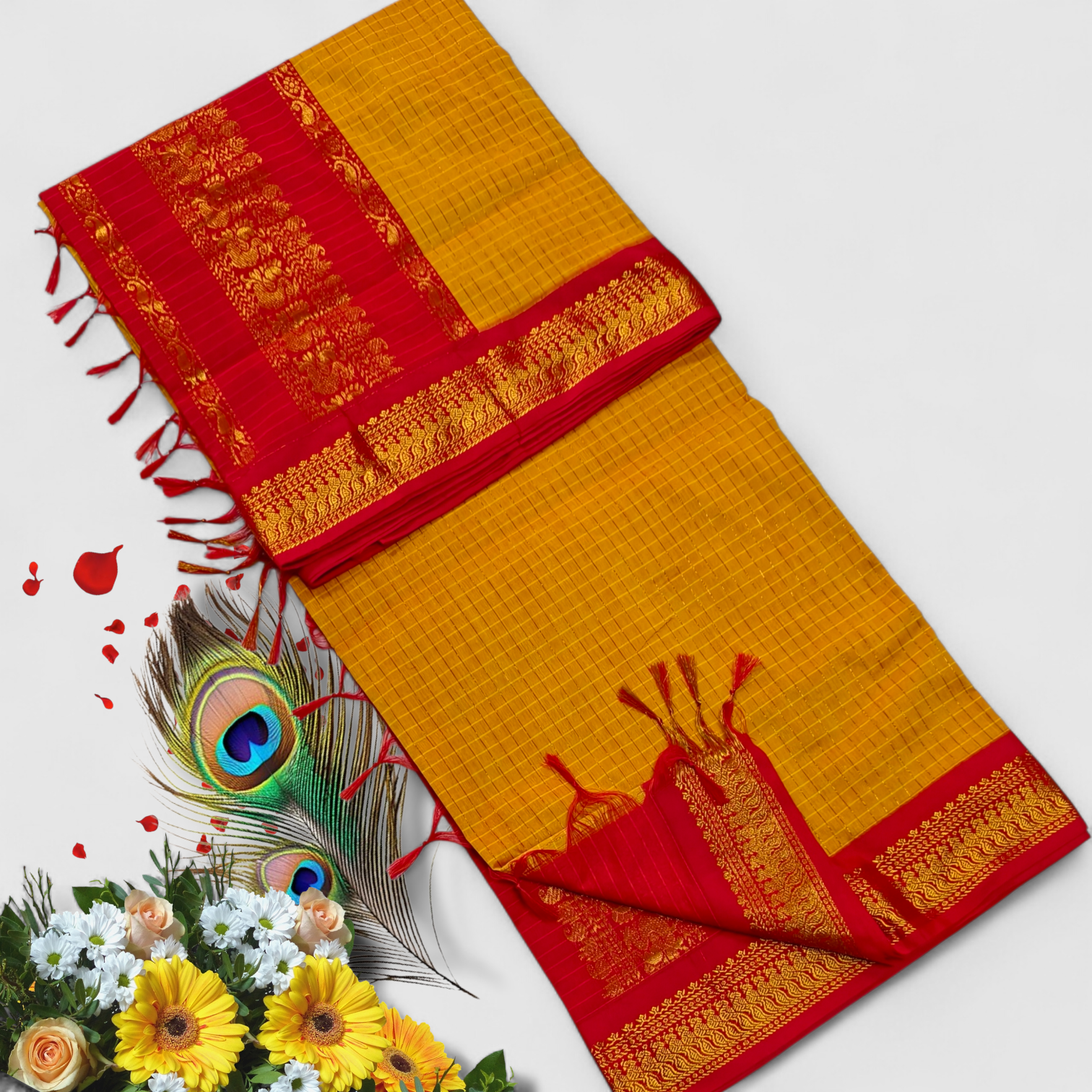 Senthoor checked kalyani cotton Mustard Yellow & Bright Red Silk Saree with Rich Gold Zari Border and Designer Pallu