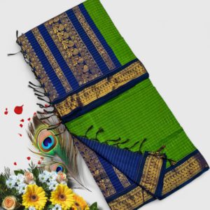 Senthoor checked kalyani cotton Emerald Green & Royal Blue Checked Silk Saree with Rich Gold Zari Border and Designer Pallu