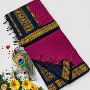 Senthoor checked kalyani cotton Rani Pink & Navy Blue Silk Saree with Rich Gold Zari Border and Designer Pallu
