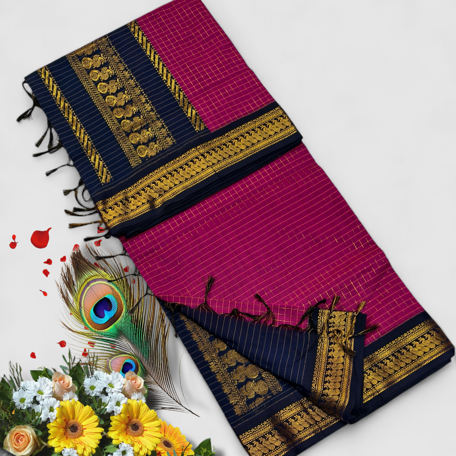 Senthoor checked kalyani cotton Rani Pink & Navy Blue Silk Saree with Rich Gold Zari Border and Designer Pallu
