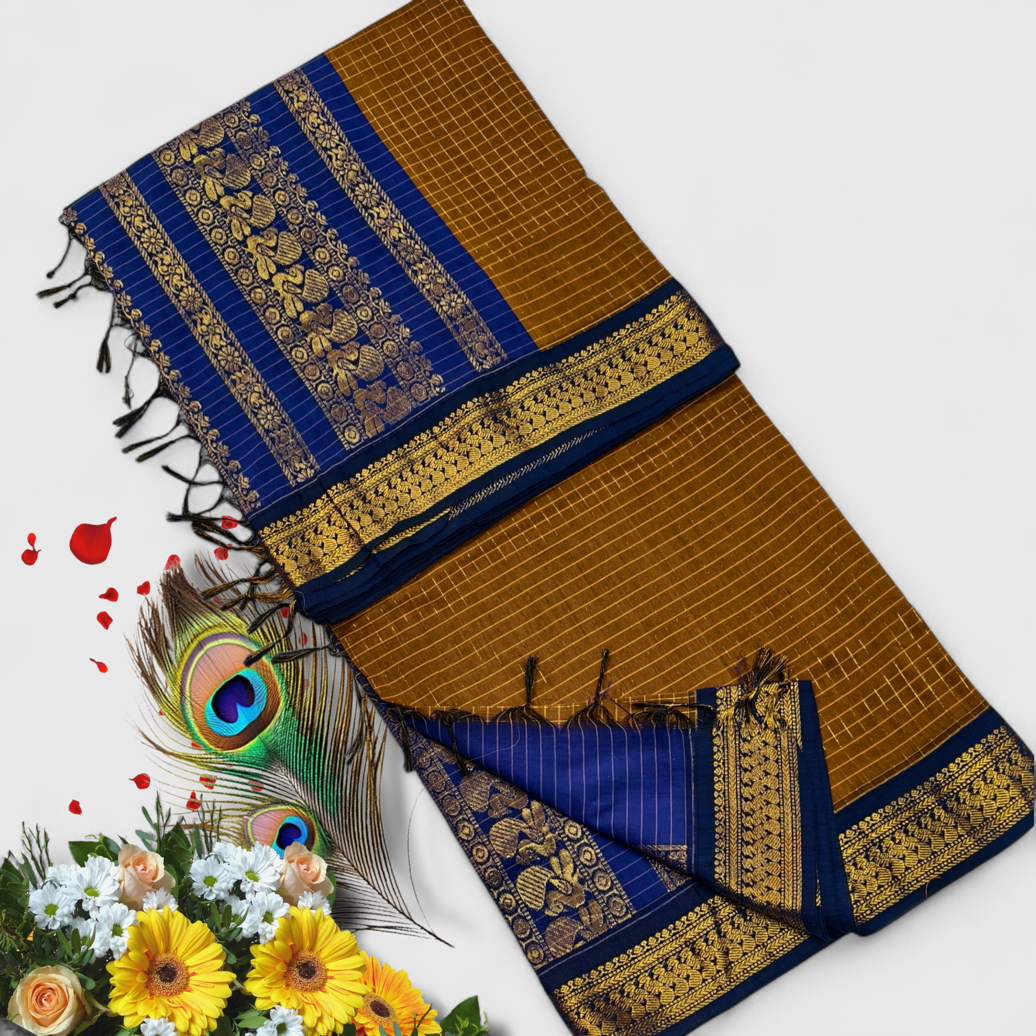 Senthoor checked kalyani cotton Antique Mustard & Royal Blue Silk Saree with Rich Gold Zari Border and Designer Pallu