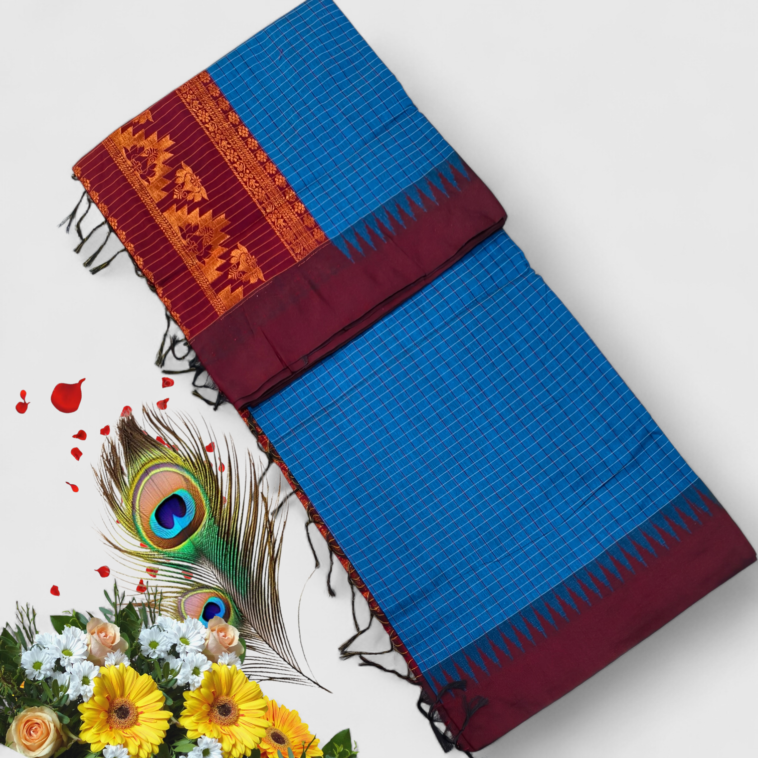 Senthoor checked kalyani cotton Royal Blue & Maroon Kanjivaram Silk Saree with Copper Zari Border