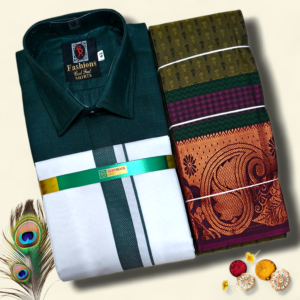 Senthoor Dark Green Traditional Dhoti Shirt & Copper Zari Designer Saree Premium Gift Set