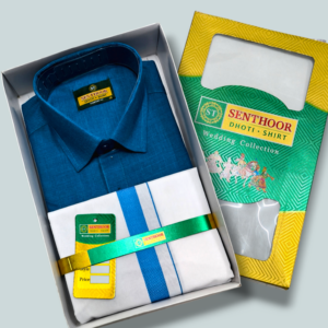 Senthoor Dhoti Shirt Wedding Collection – Teal Shirt & White Dhoti Set