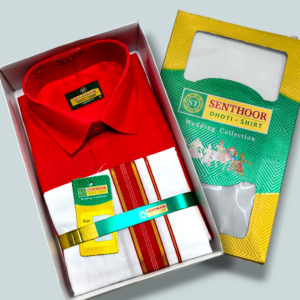 Senthoor Dhoti Shirt Wedding Collection – Red Shirt & White Dhoti with Red-Gold Border
