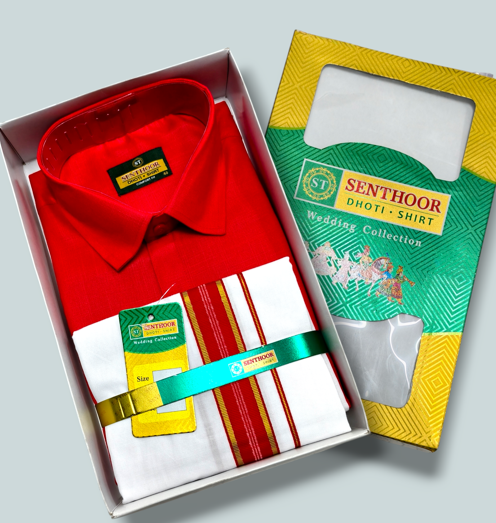 Senthoor Dhoti Shirt Wedding Collection – Red Shirt & White Dhoti with Red-Gold Border