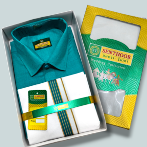 Senthoor Dhoti Shirt Wedding Collection – Sea Green Shirt & White Dhoti with Green-Gold Border