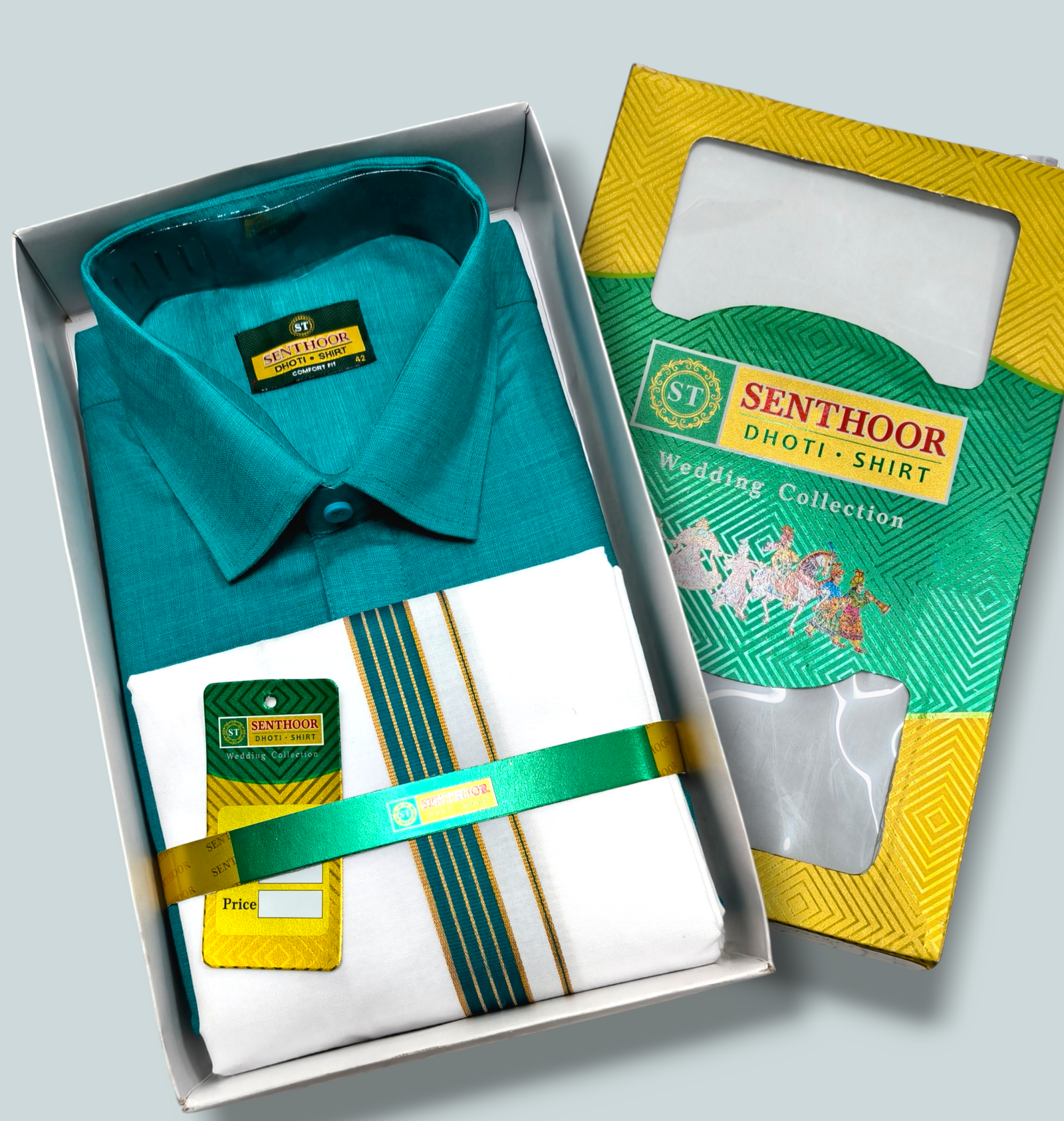 Senthoor Dhoti Shirt Wedding Collection – Sea Green Shirt & White Dhoti with Green-Gold Border