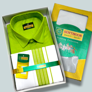 Senthoor Dhoti Shirt Wedding Collection – Lime Green Shirt & White Dhoti with Green Border